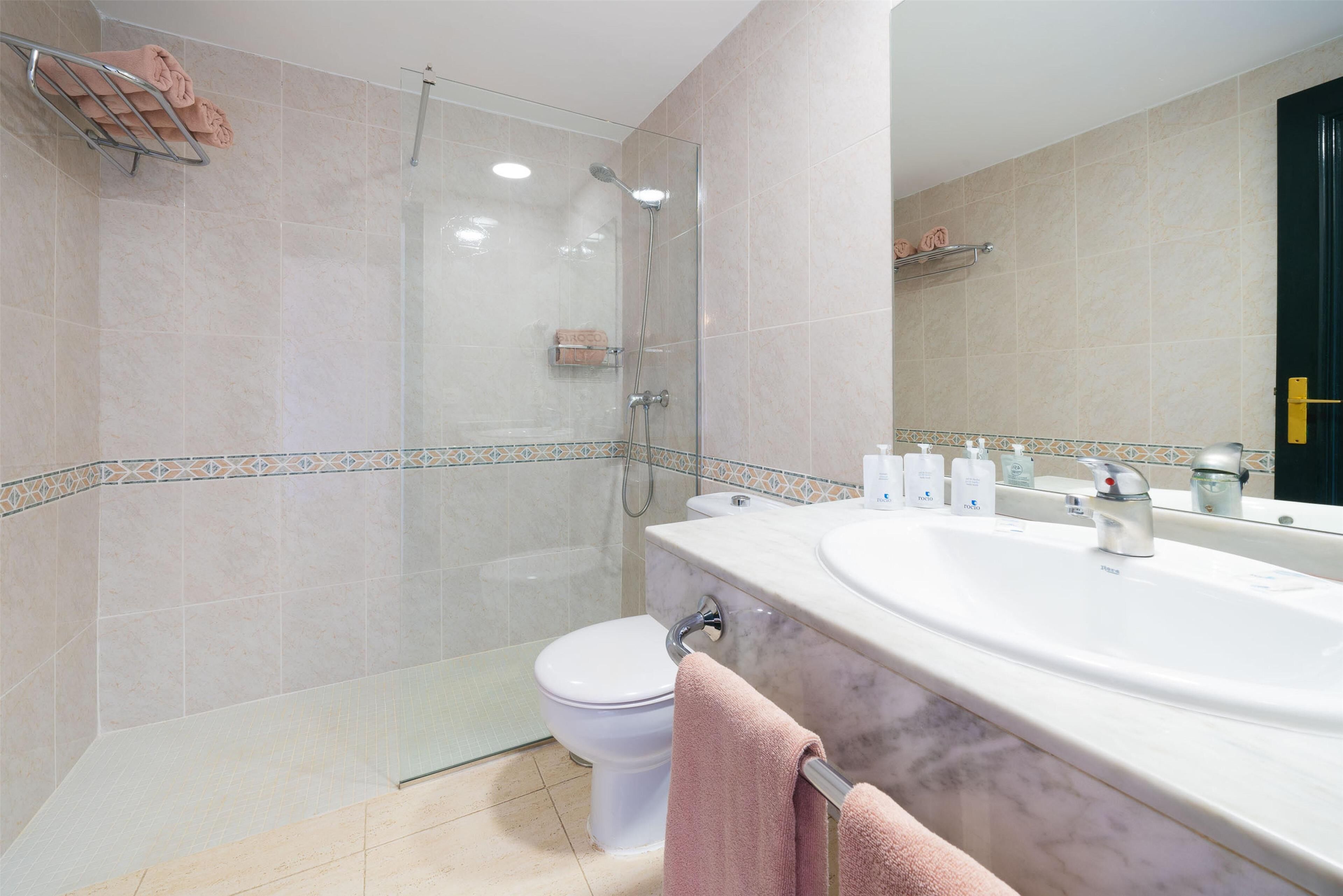 Un baño con ducha de vidrio, inodoro blanco y un lavamanos grande con espejo arriba.