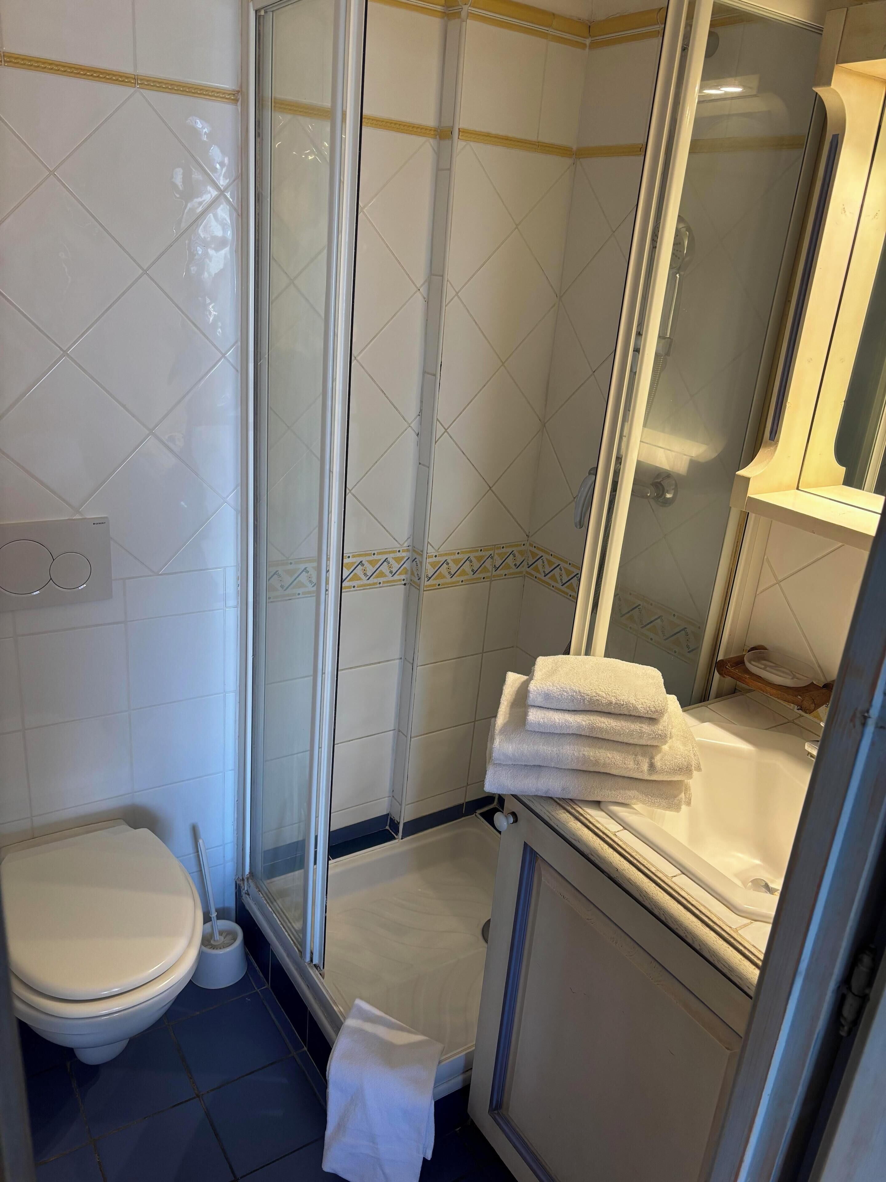 A bathroom with a toilet, a shower with a glass door, and a sink with a mirror.