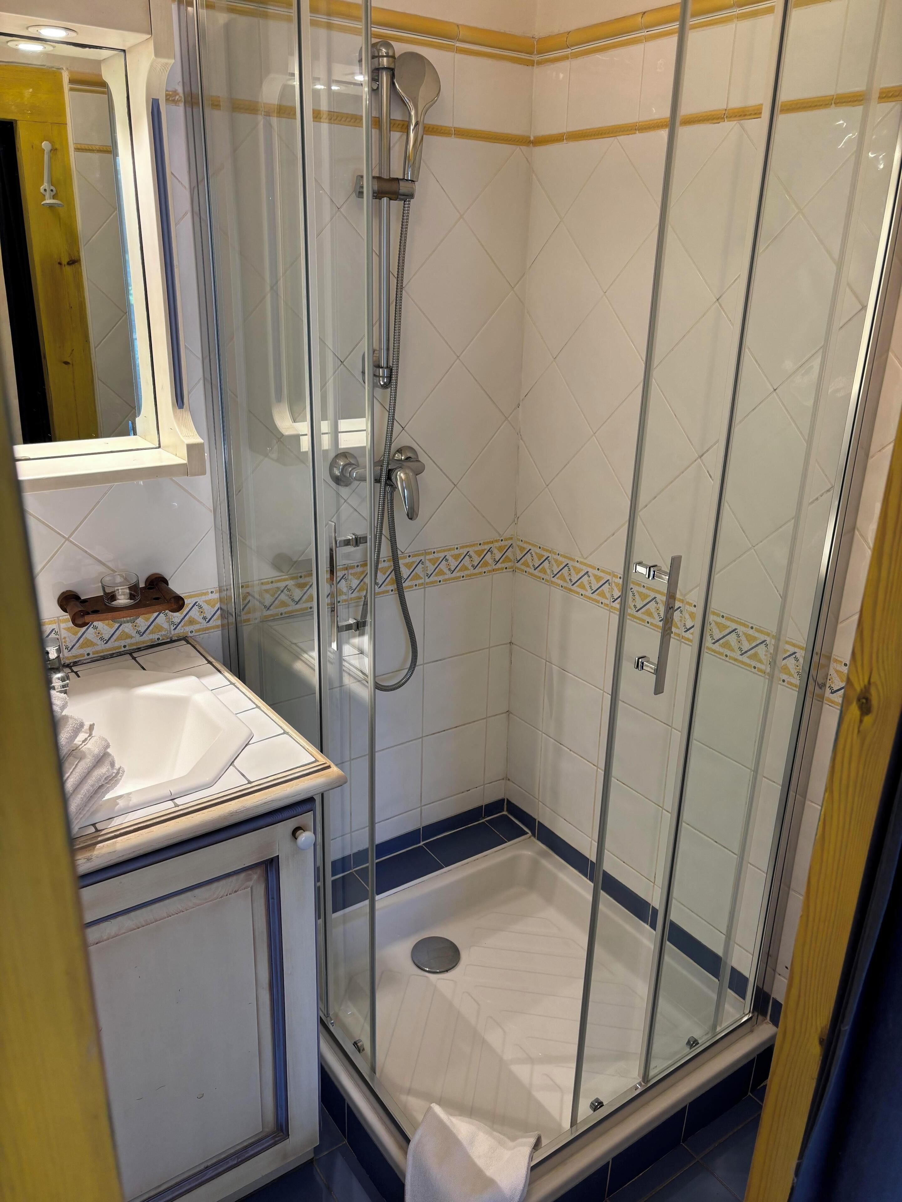 Een badkamer met een douche in een glazen cabine, een wastafel en een spiegel.