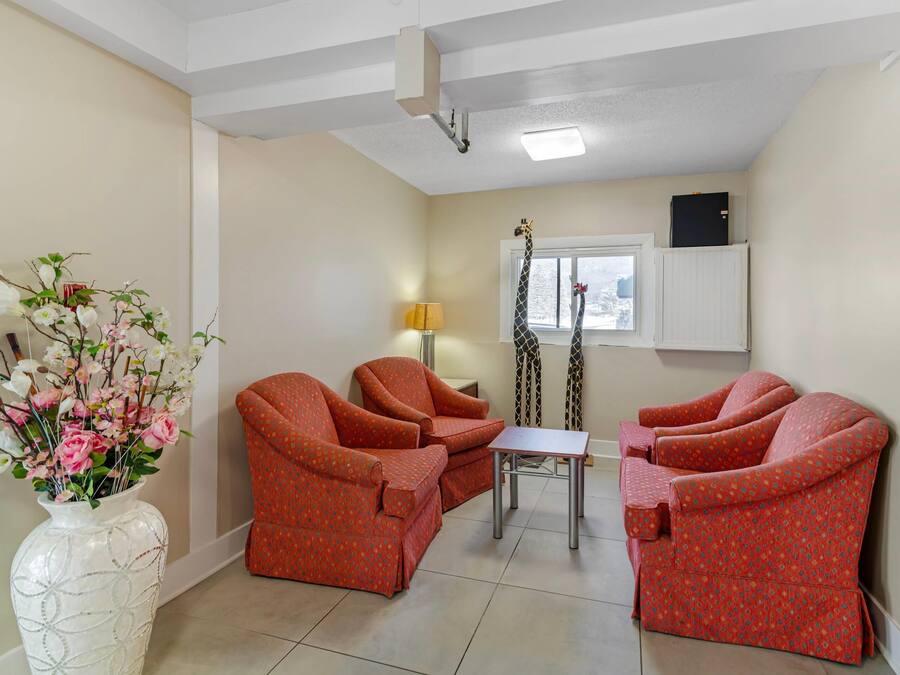 A room with two red patterned sofas, a small table, and a white vase with flowers.