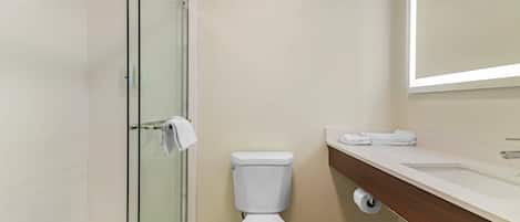 A modern bathroom with a glass shower enclosure, a white toilet, and a wooden vanity with a sink.
