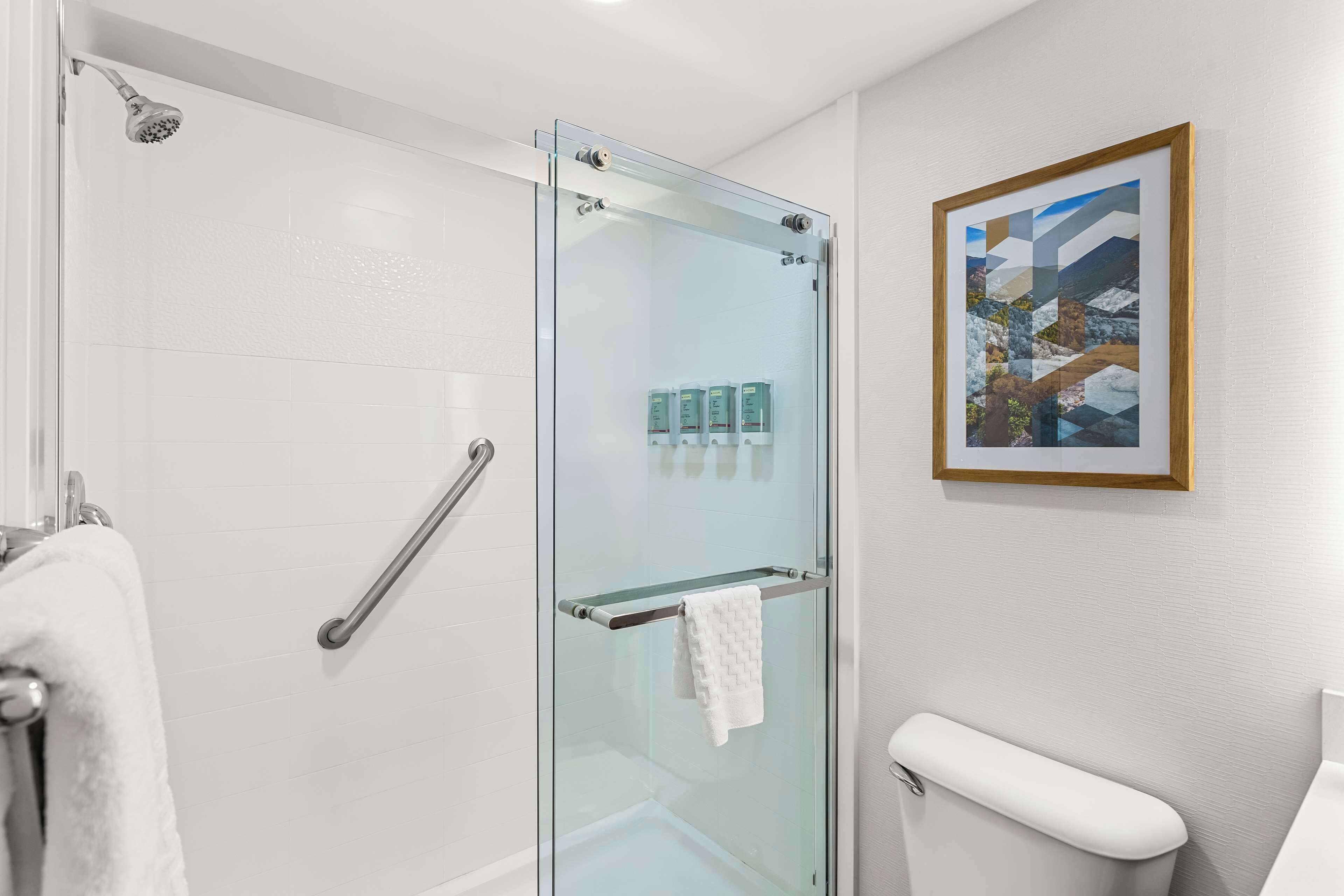 standard room, 1 king bed, non smoking, refrigerator & microwave | bathroom | combined shower/bathtub, free toiletries, hair dryer, towels