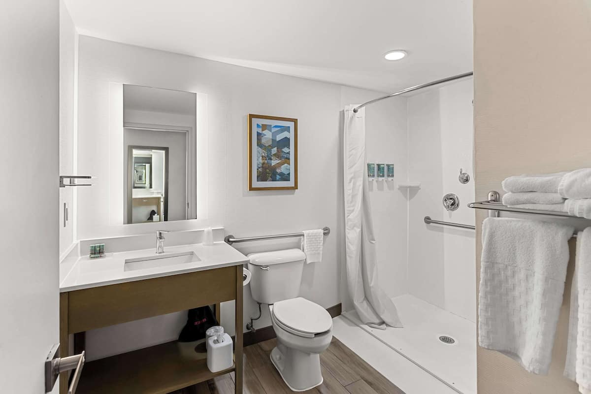 standard room, 2 double beds, accessible, non smoking | bathroom | combined shower/bathtub, free toiletries, hair dryer, towels