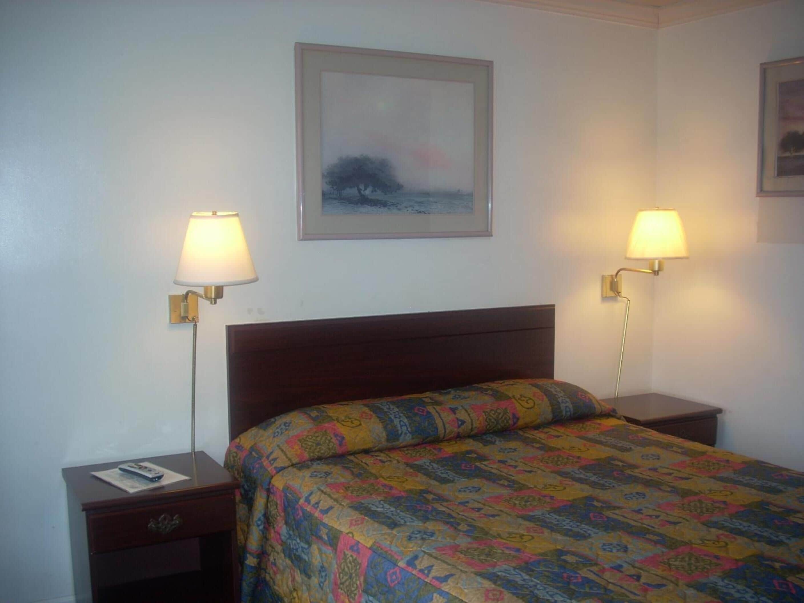 Habitación de hotel con una cama, dos lámparas de noche, una mesita de noche y un cuadro en la pared.