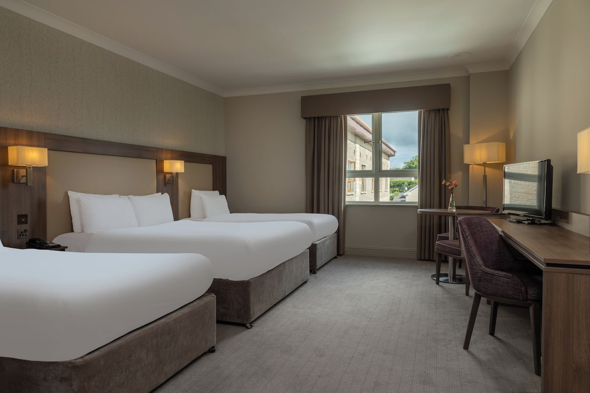 A hotel room with two beds, a desk, a chair, a TV, and a window with a view of buildings.