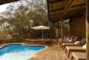 Un espace piscine avec des chaises longues et une pergola en bois.