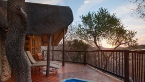 A wooden deck with a pool, lounge chairs, and a thatched-roof structure. - Tshukudu Bush Lodge (Pilanesberg National Park)