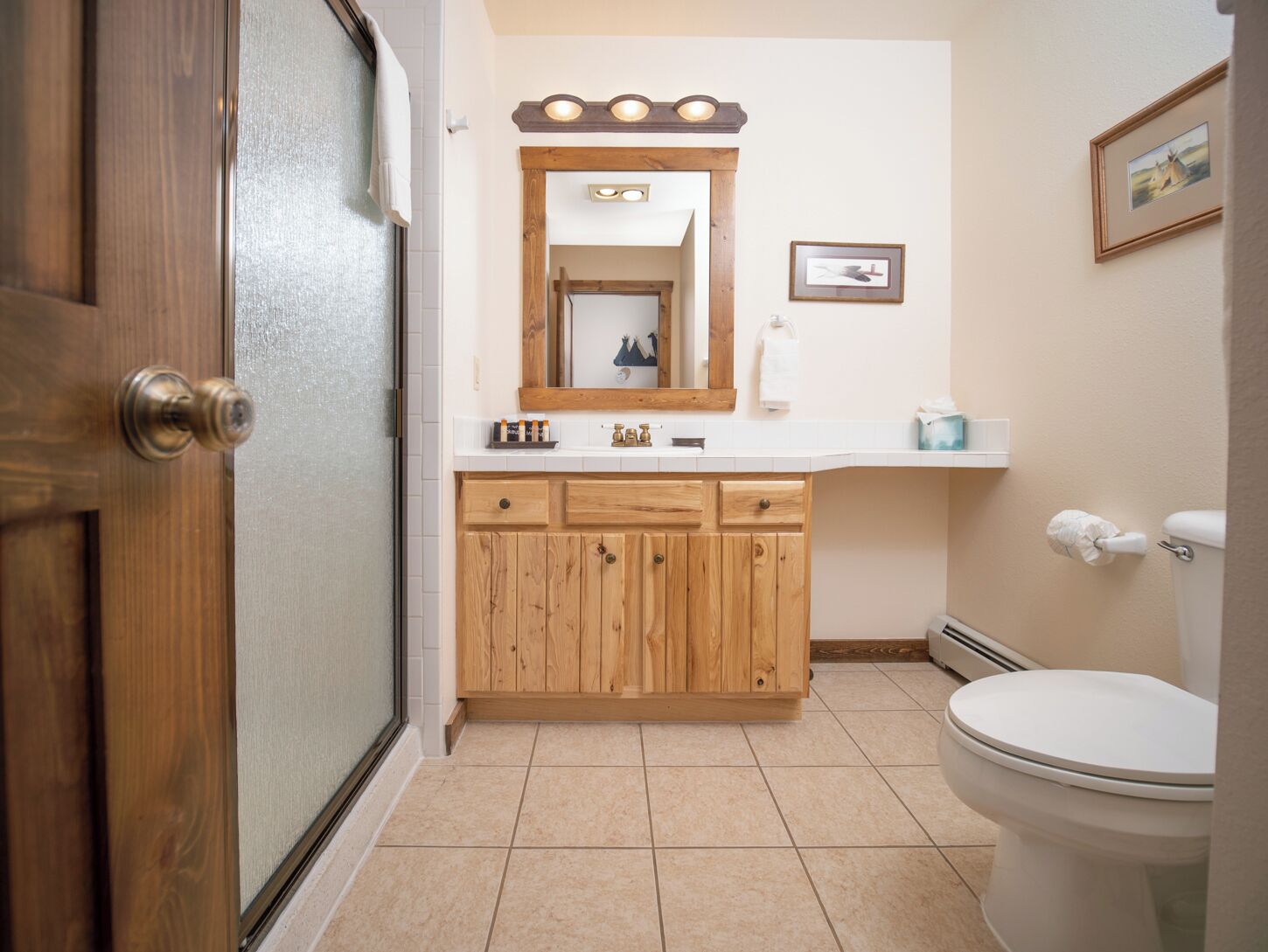 A bathroom with wooden cabinets, a white toilet, a mirror with lights, and a framed picture on the wall.