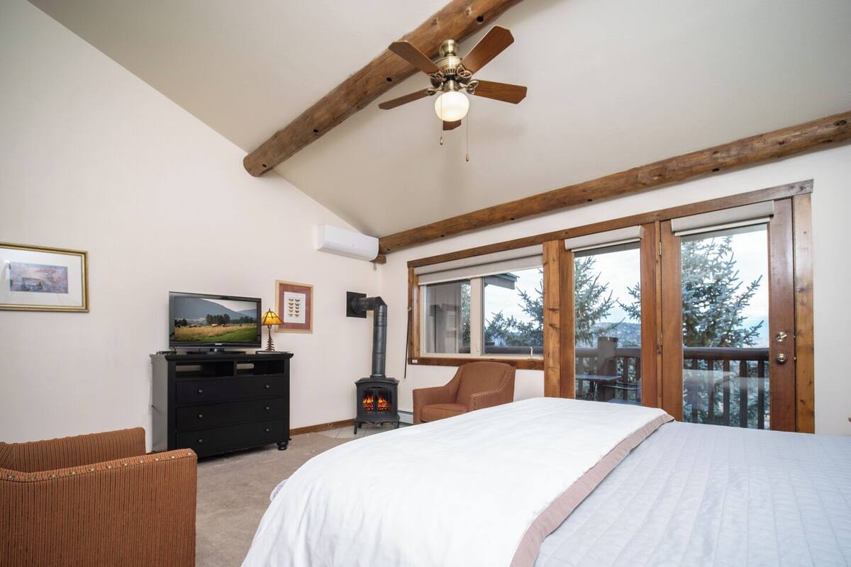 A bedroom with a bed, a television, a fireplace, and a balcony with a view of trees.