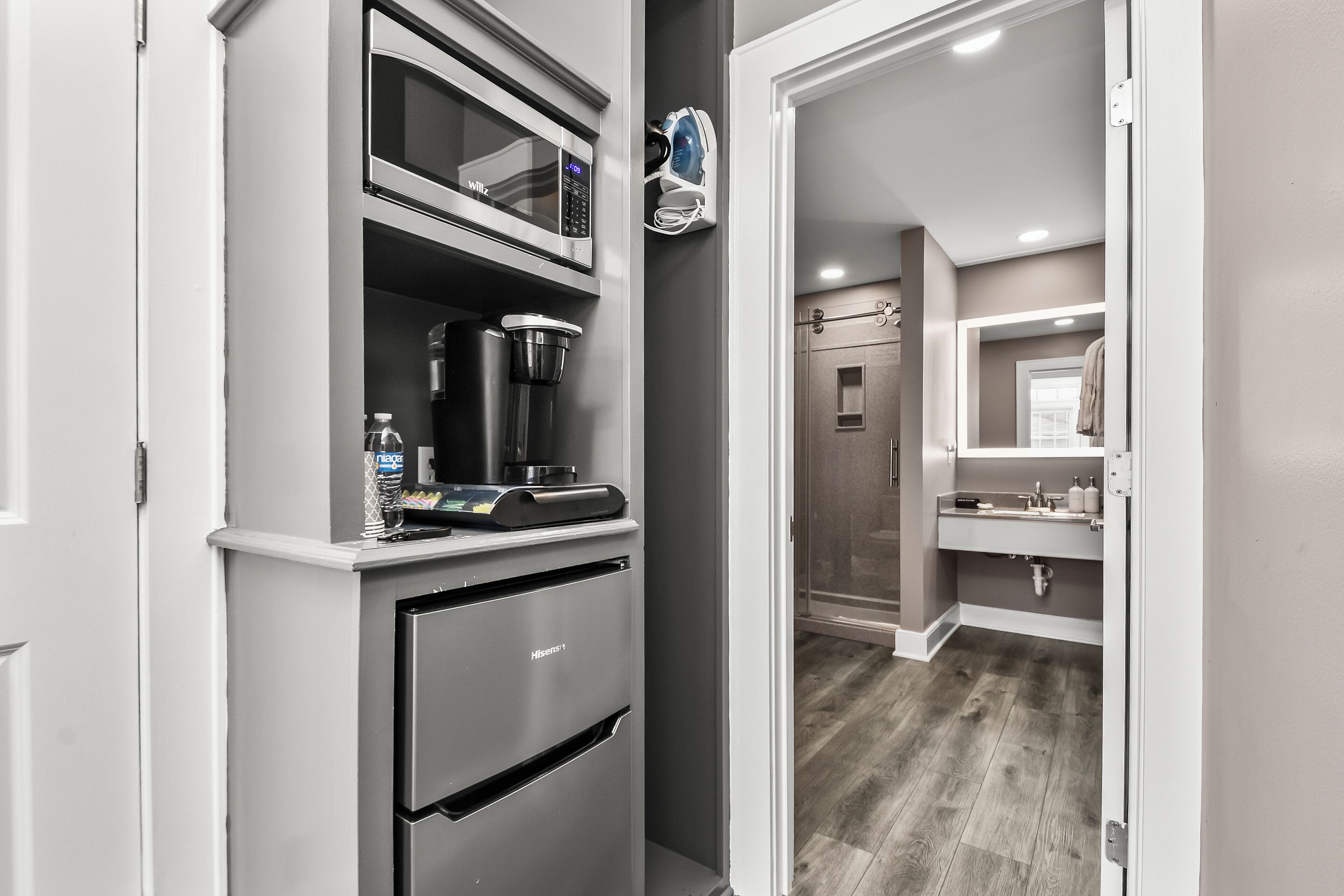 Designer toiletries, hair dryer, towels, soap