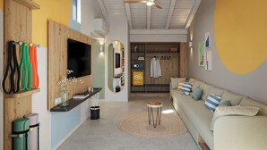 A modern living room with a flat-screen TV, wooden beams, a ceiling fan, a sofa, and a round rug. - Sunny Porec Residence (Porec)