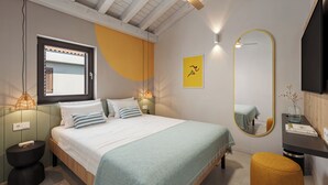 A bedroom with a bed, bedside tables, a mirror, a window, and a ceiling fan. - Sunny Porec Residence (Porec)