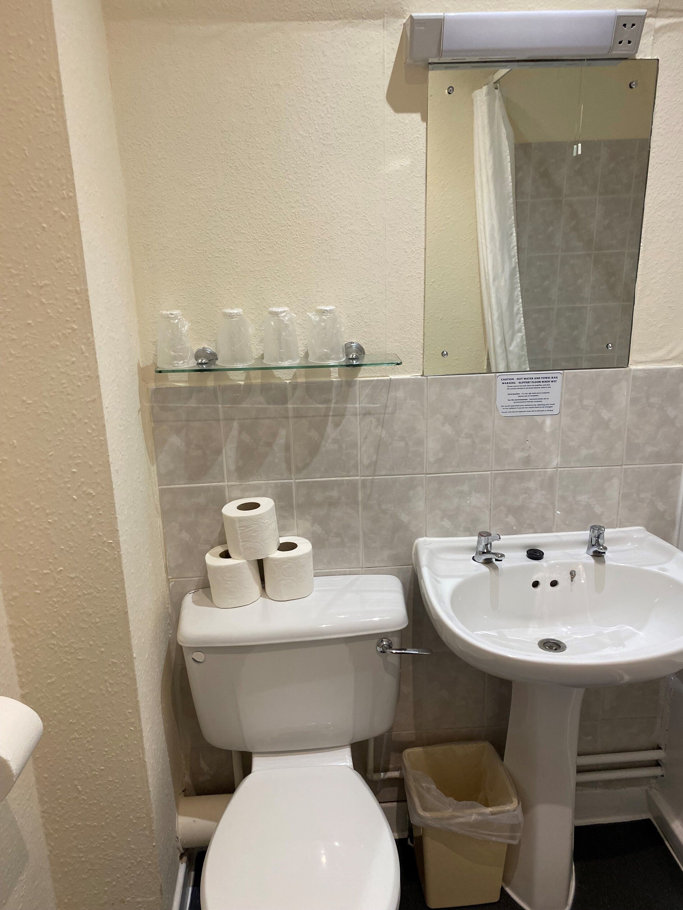 Ein Badezimmer mit Toilette, Waschbecken, Mülleimer und einem Ablagefach für Toilettenartikel.