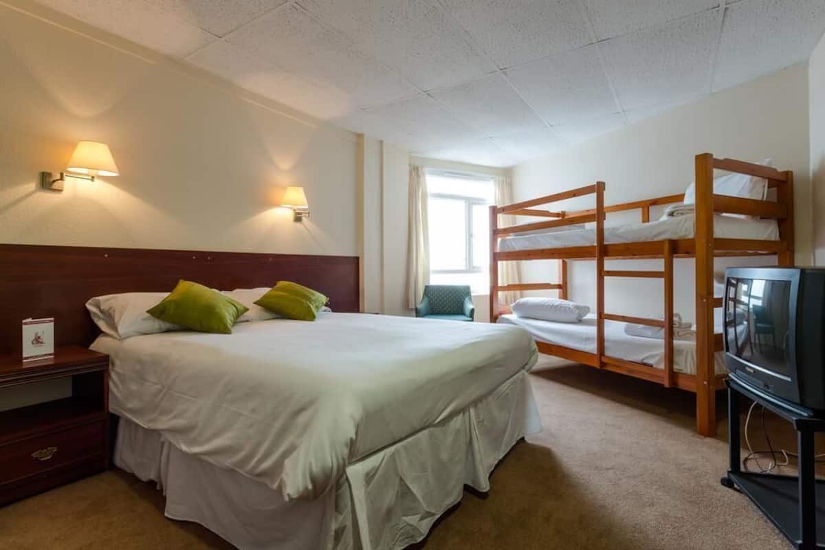 A hotel room with a single bed, two wall-mounted lamps, a TV, bunk beds, and a window.