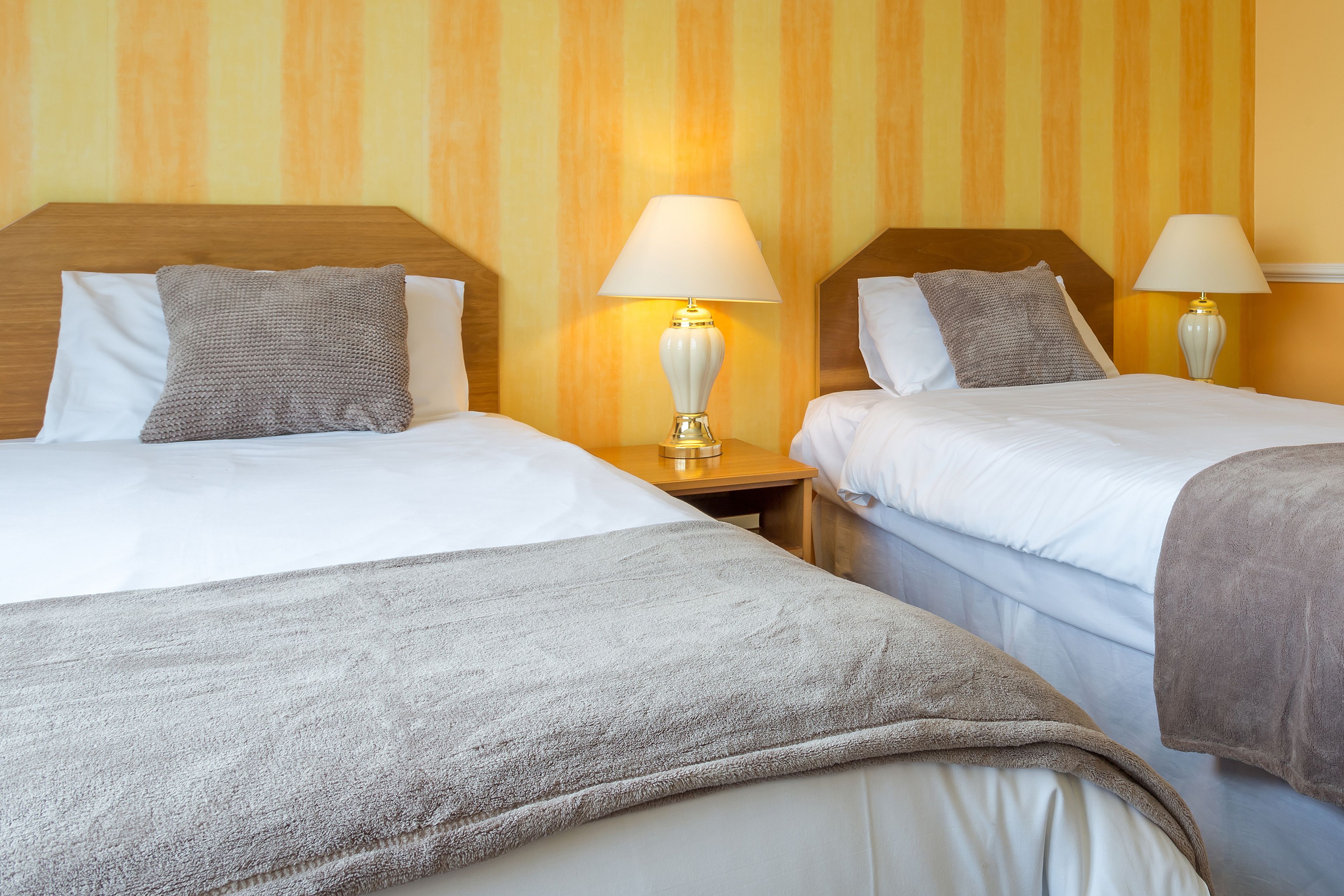 Two single beds with white linens, grey throw blankets, and bedside lamps.