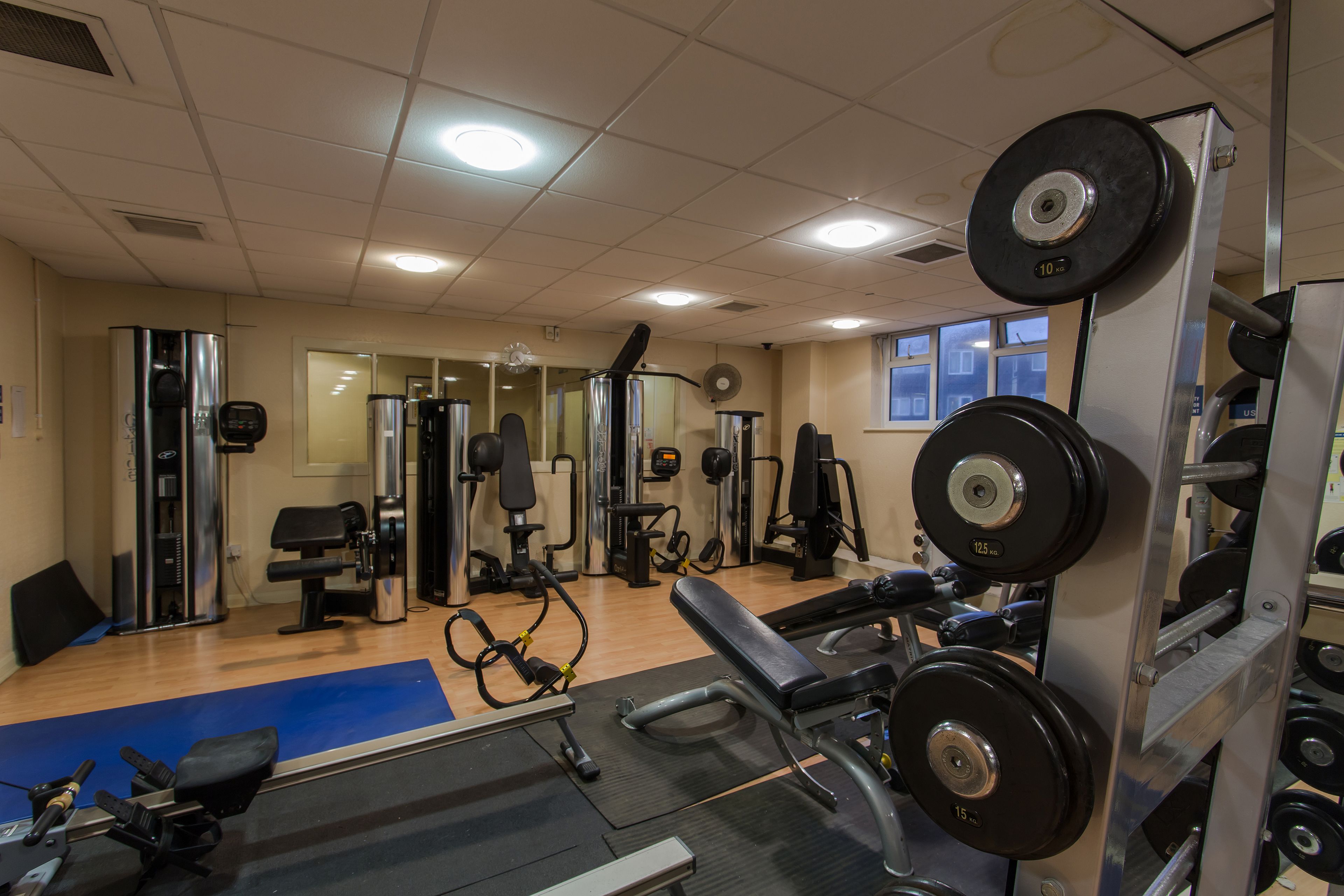 A gym with various exercise equipment, mirrors, and a blue mat on the floor.