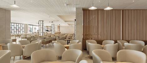 A modern interior with numerous seating areas, a patterned ceiling, and a wooden partition wall.