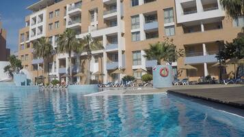 Indoor pool, outdoor pool, pool loungers