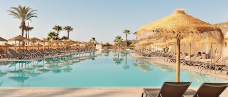 Outdoor pool, pool umbrellas, pool loungers