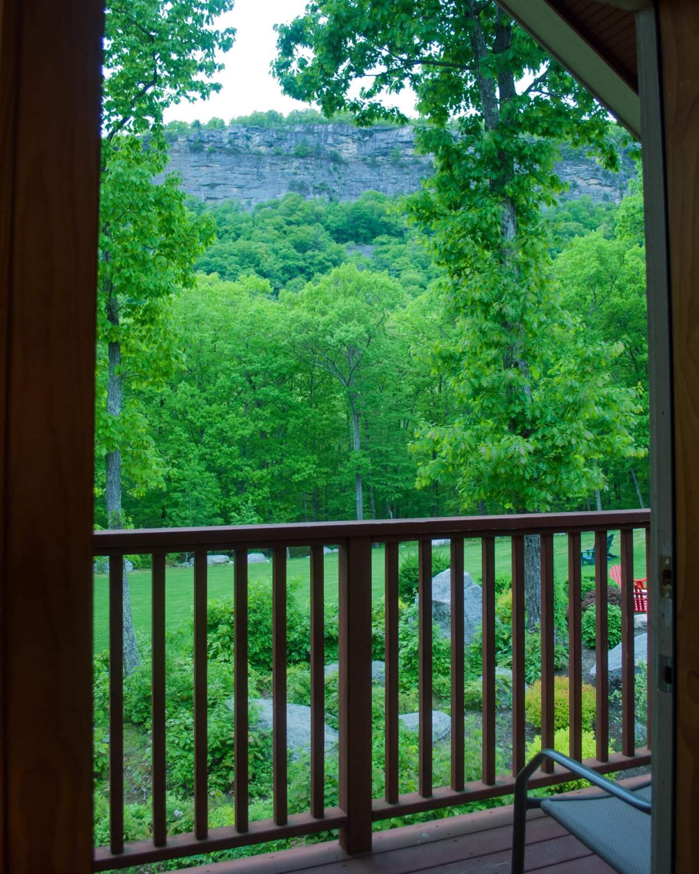 A wooden deck with a metal railing overlooking a lush green landscape with trees and a rocky cliff.