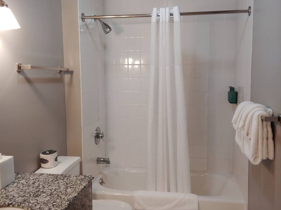 A bathroom with a shower, toilet, and sink.