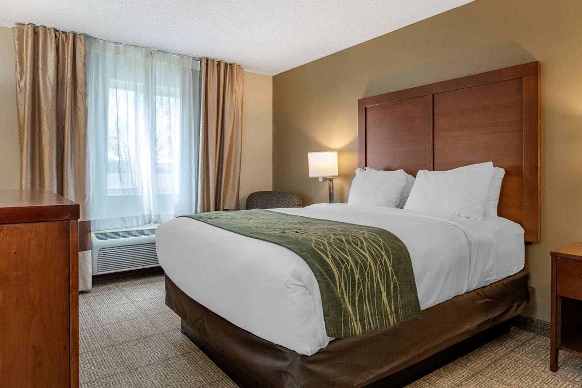 Une chambre d’hôtel avec un grand lit, une table de chevet, une lampe et une fenêtre avec des rideaux.