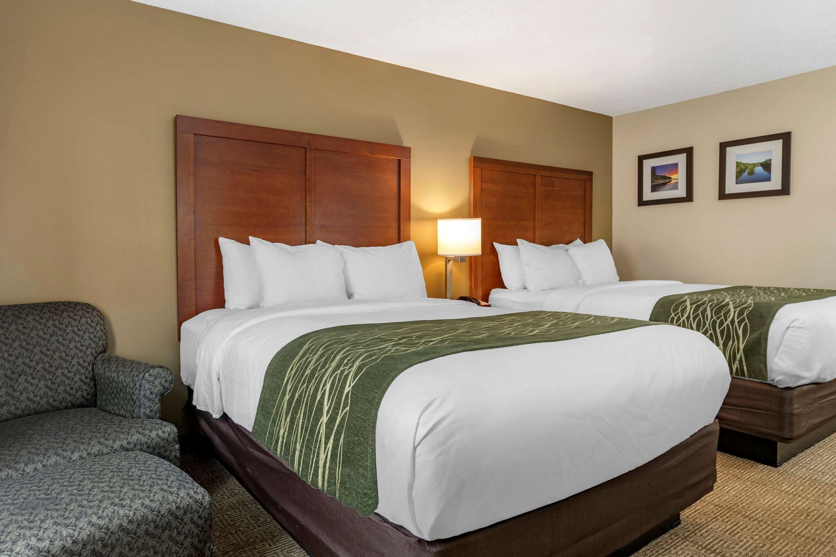 A hotel room with two beds, a sofa, a lamp, and two framed pictures on the wall.