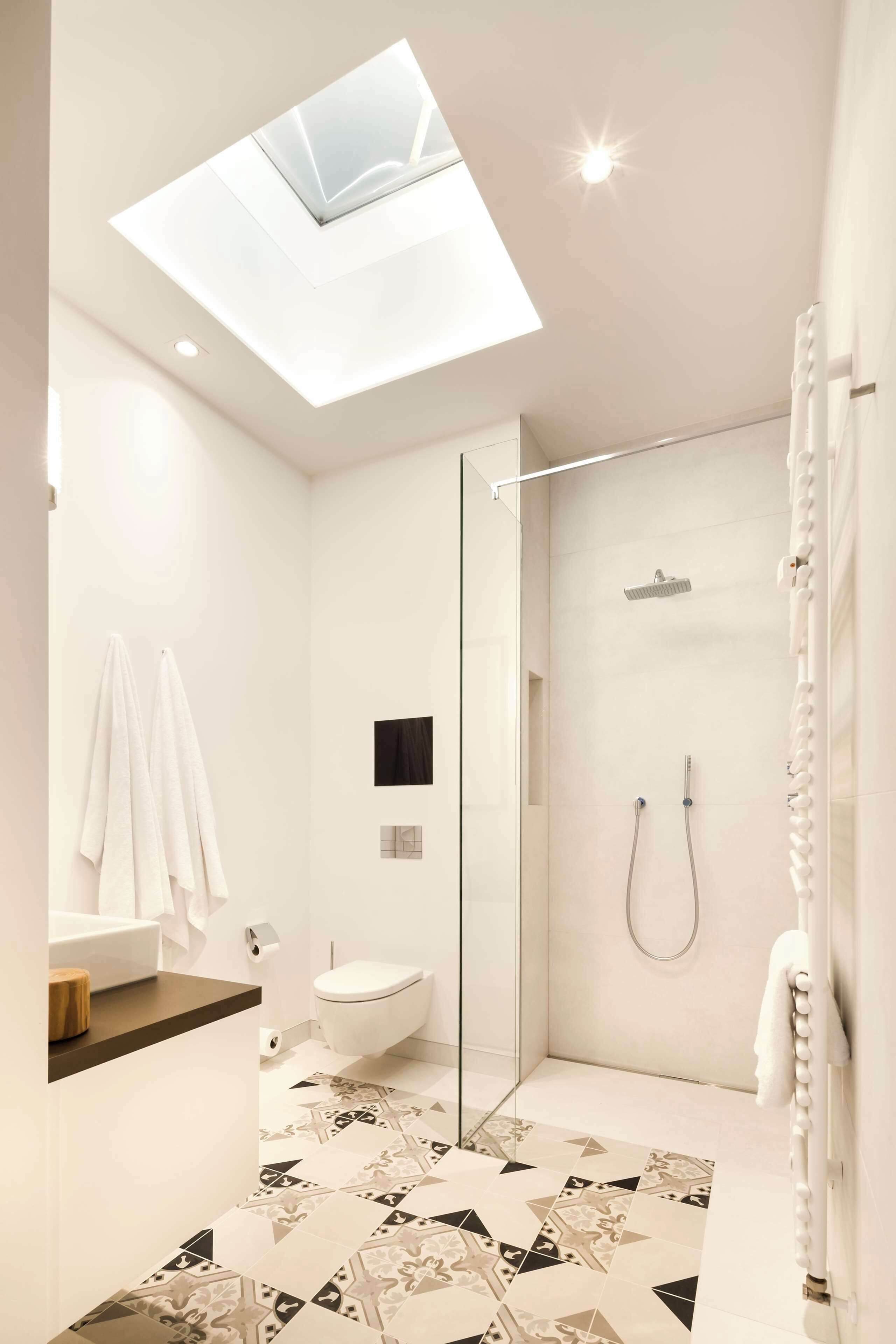 A modern bathroom with a skylight, a glass-enclosed shower, and a toilet.