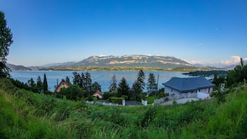 Vista sobre un lago con una montaña al fondo, una casa de techo azul y follaje circundante.