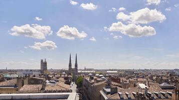 A cityscape with historic buildings and a prominent cathedral with twin spires.