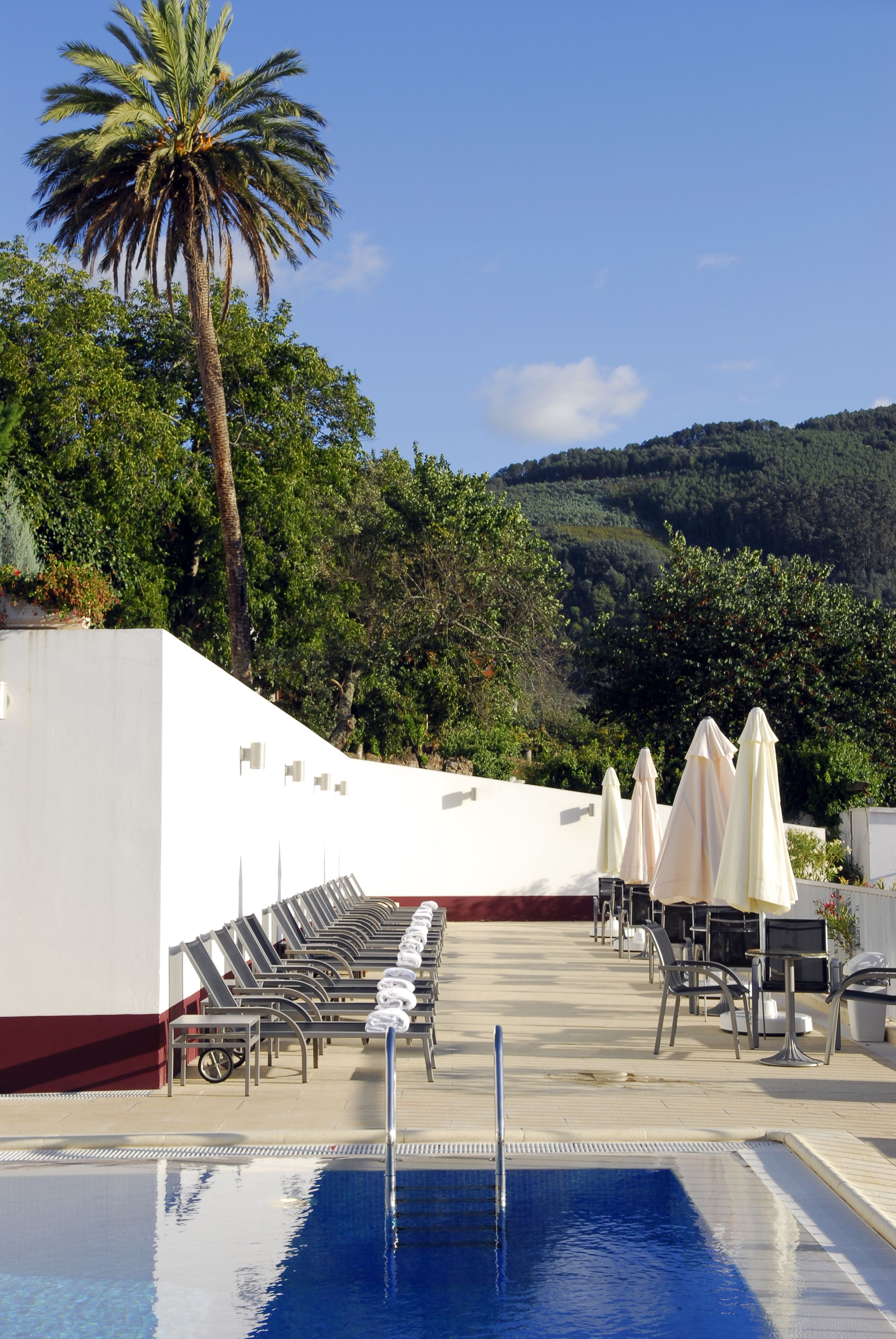 A pool area with lounge chairs and umbrellas, surrounded by greenery and a view of a hillside.