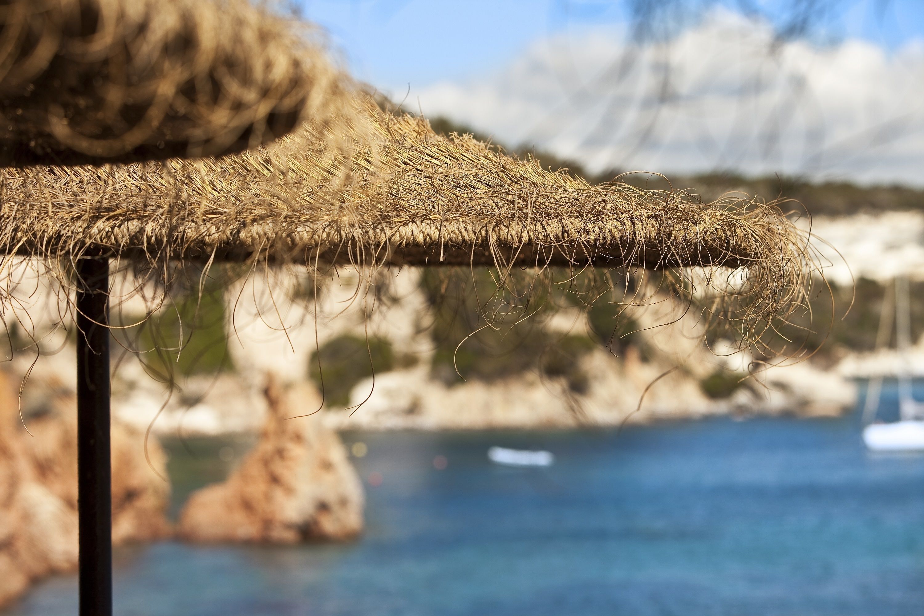 A thatched roof structure with a view of a coastal landscape and a boat in the distance.