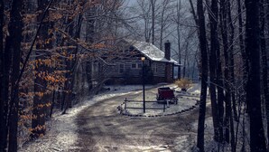 A log cabin with a snow-covered roof, surrounded by trees and a dirt path leading to it. - Nolichuckey Bluffs Cabins (Greeneville)