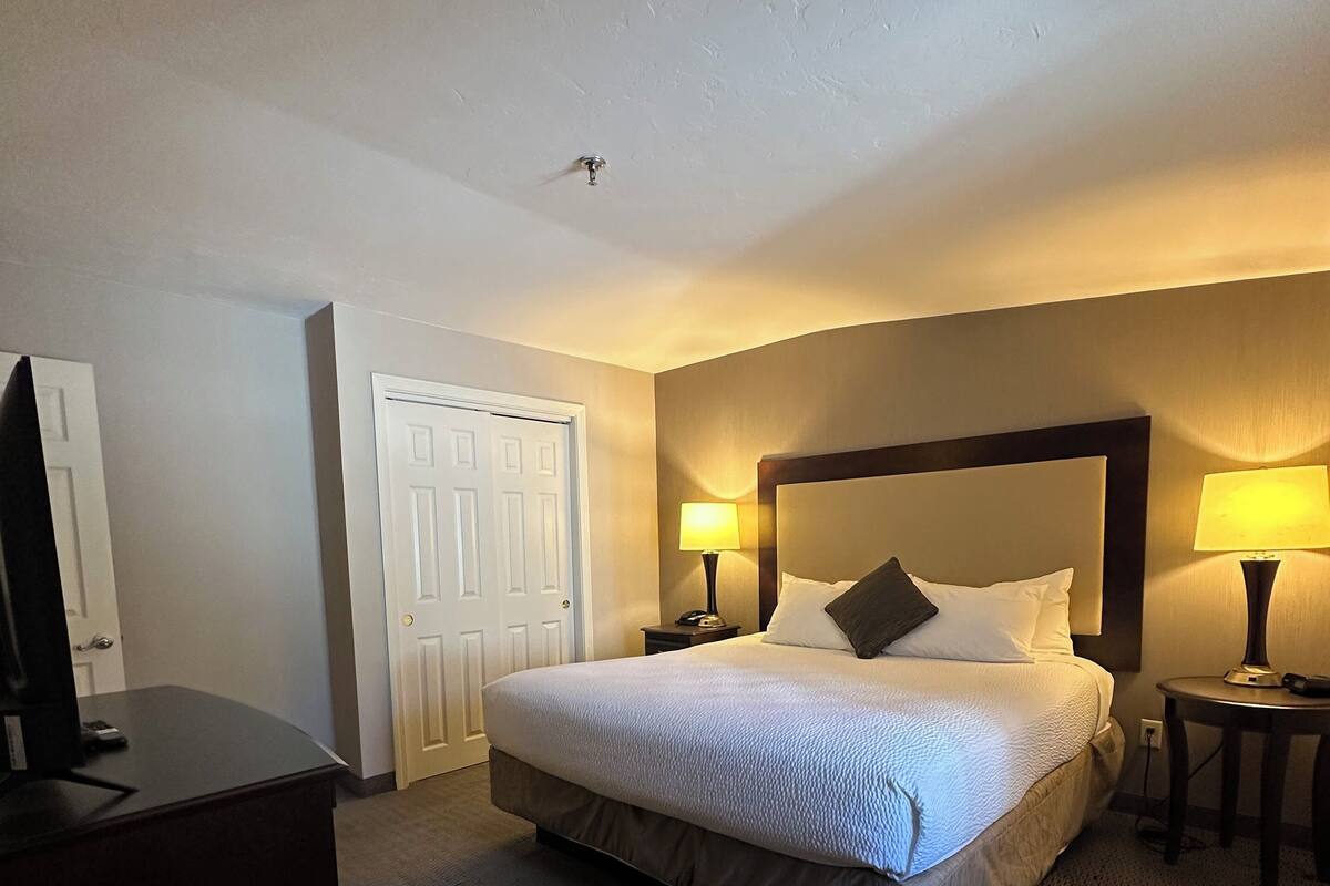 Quarto de hotel com uma cama grande, duas luminárias de cabeceira, uma televisão em uma cômoda e uma porta.
