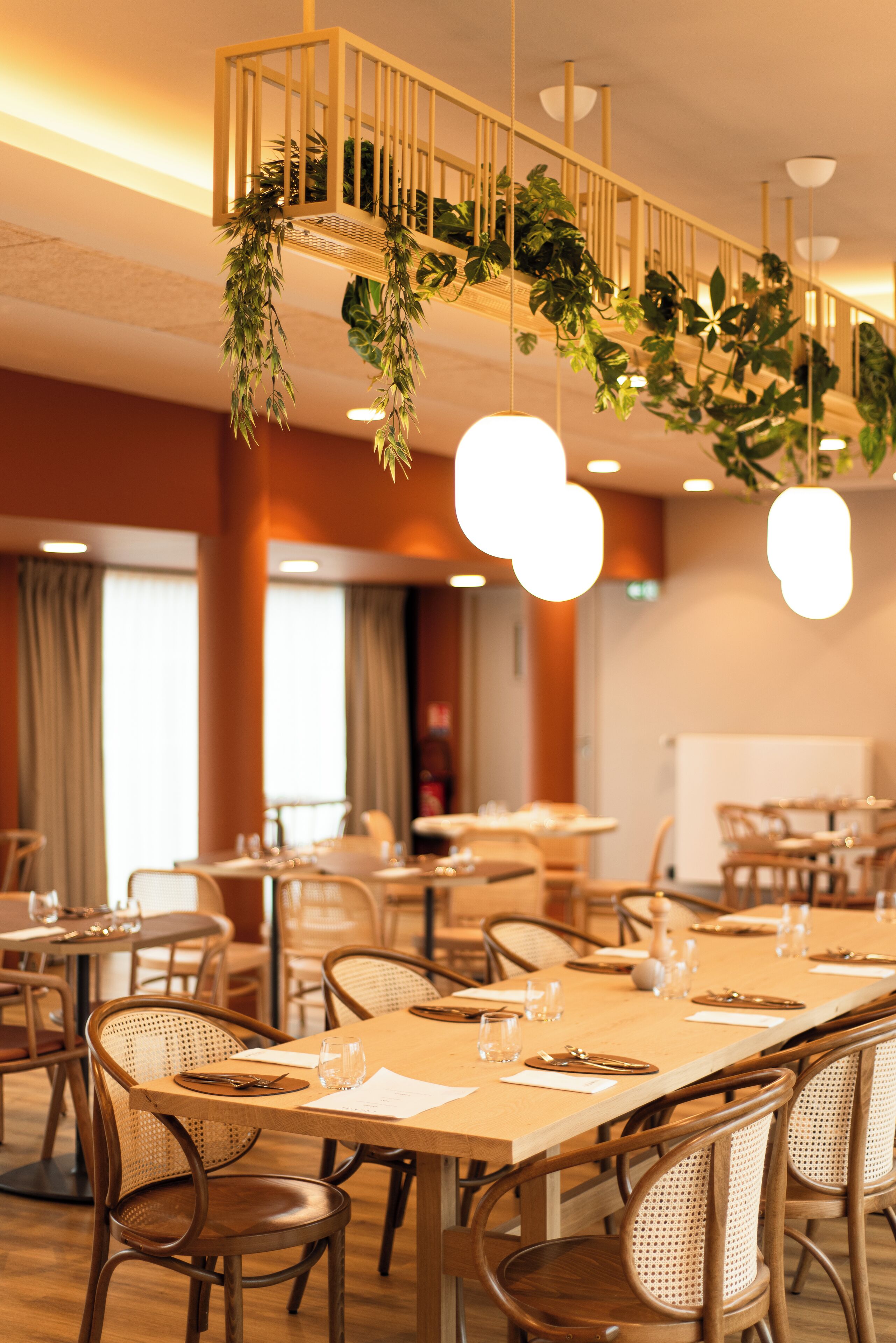 A dining area with wooden tables and chairs, hanging plants, and pendant lights.