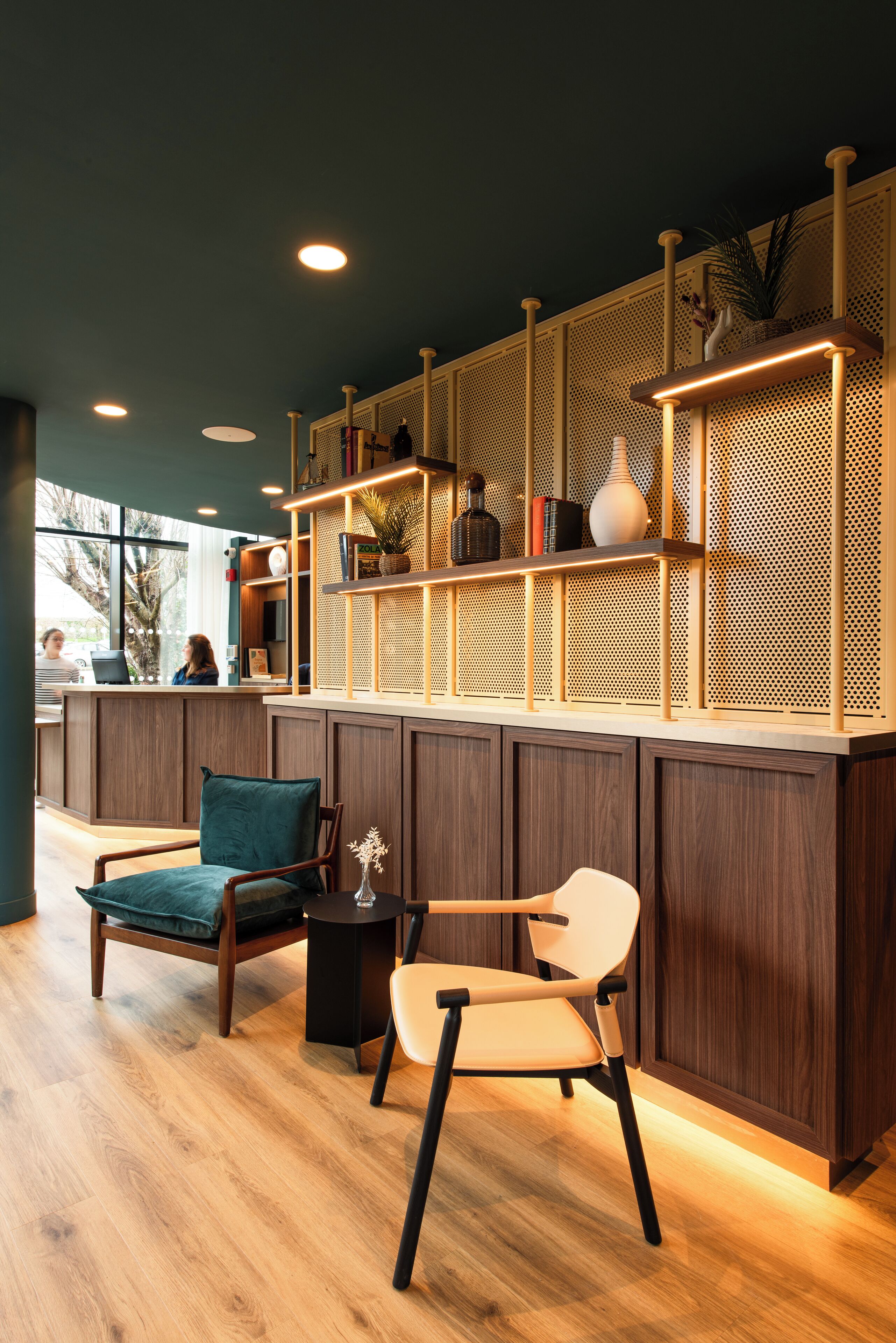 Zona de recepción con un mostrador de madera, dos sillones, una estantería y una planta.