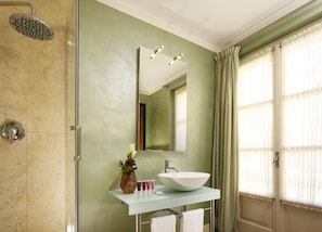 Bathroom features a glass-enclosed shower, vessel sink, and large mirror.