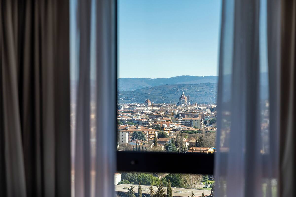 A cityscape through a window with curtains, featuring a prominent dome and a tall tower.