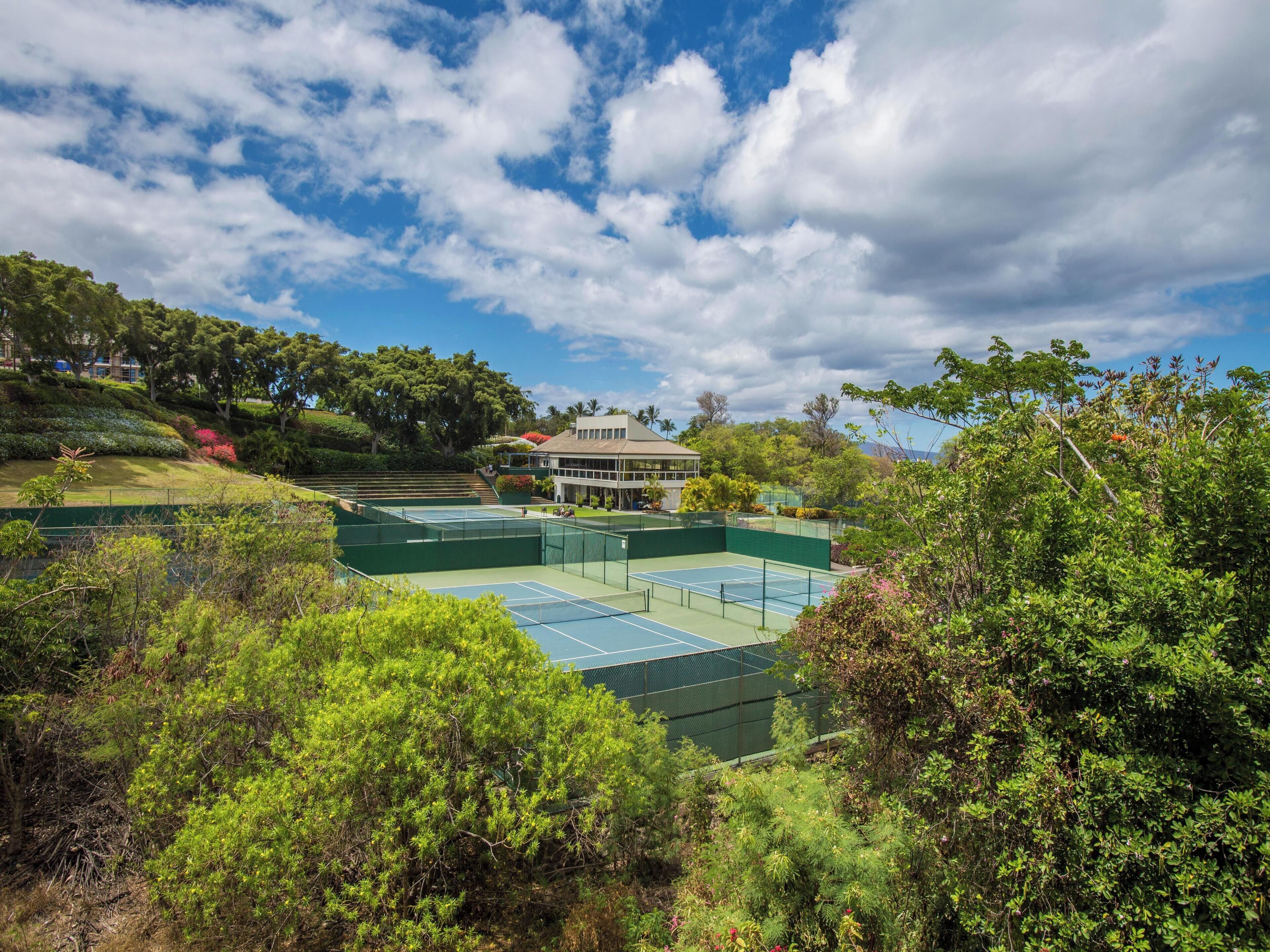 A tennis court surrounded by lush greenery and a building with a flat roof.