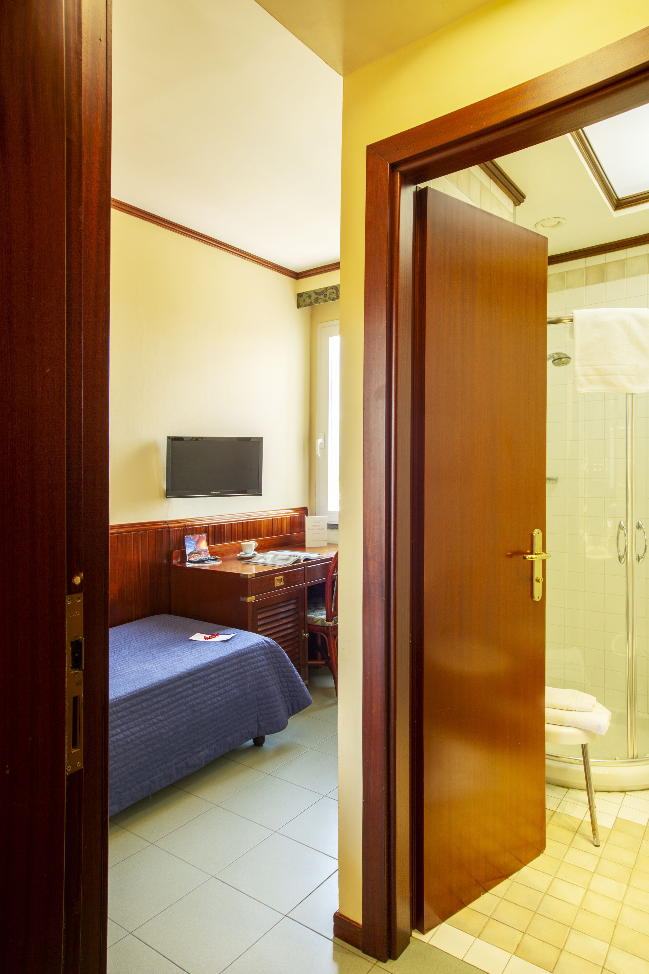 A hotel room with a bed, a desk, a television, and a shower area.