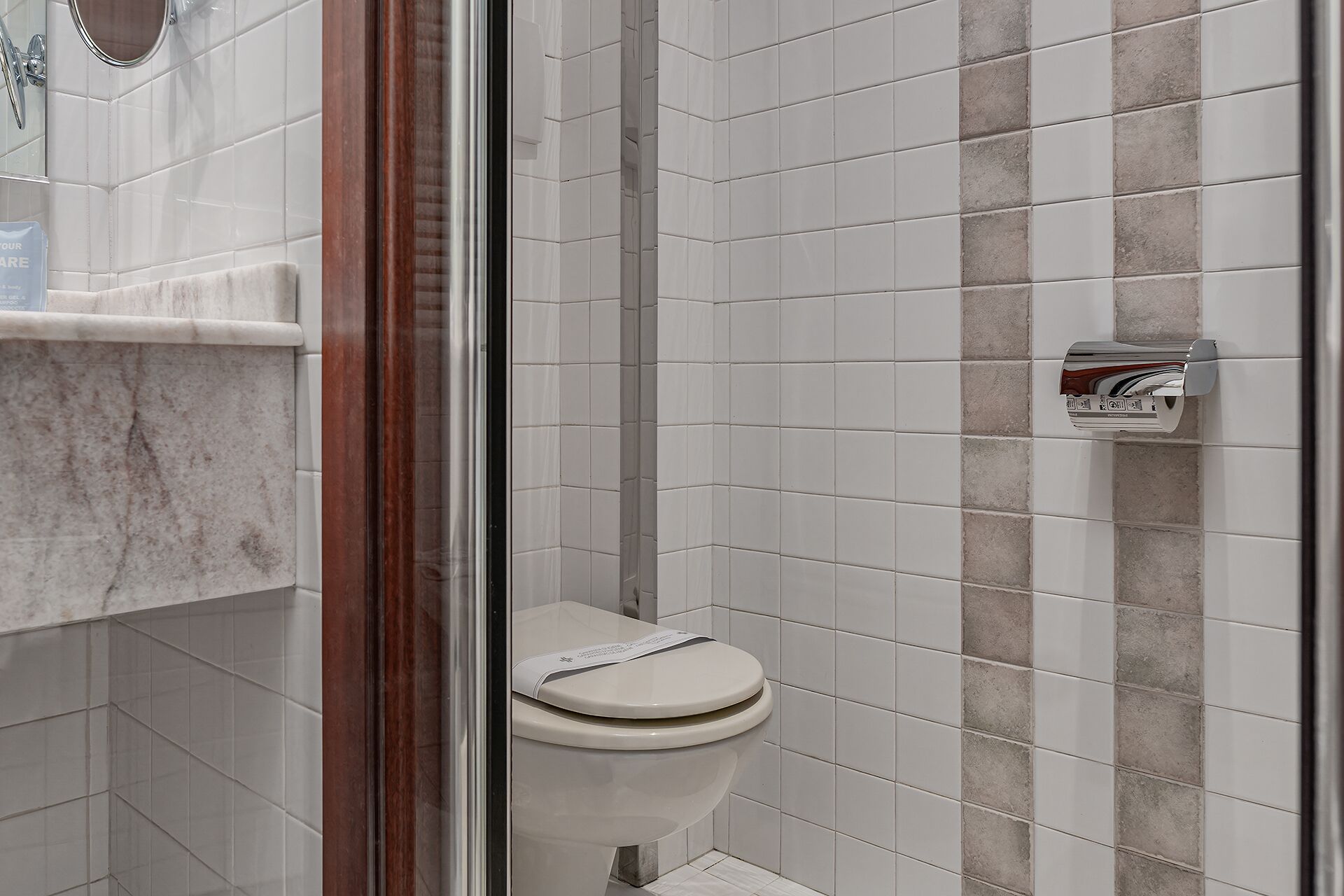 Un bagno moderno con un WC, zona doccia e un piano di marmo.