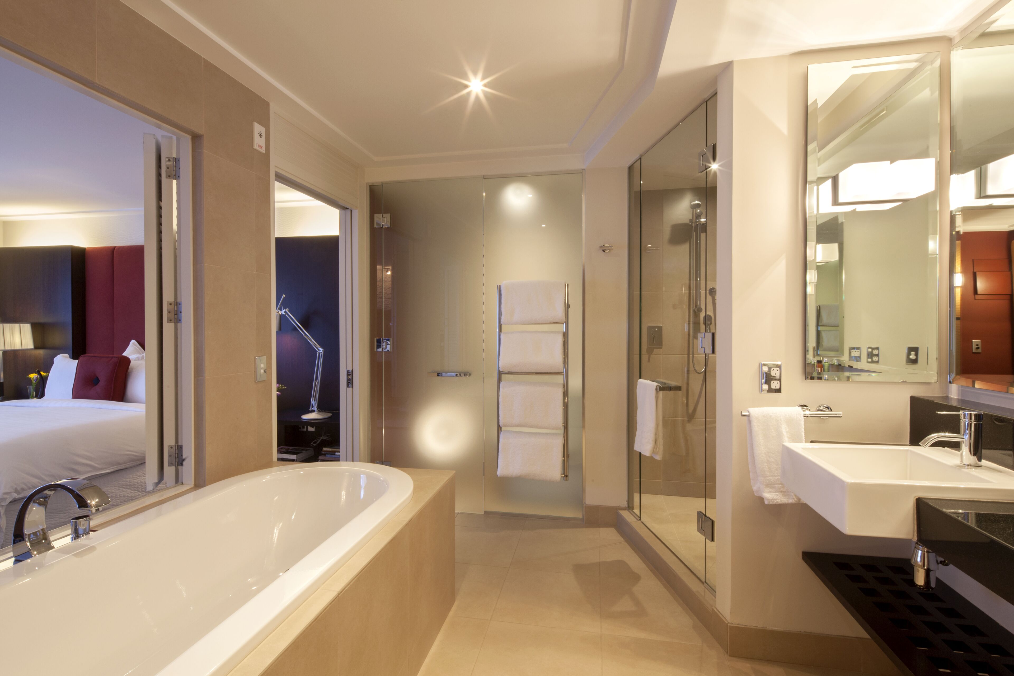 shower, designer toiletries, hair dryer, bathrobes