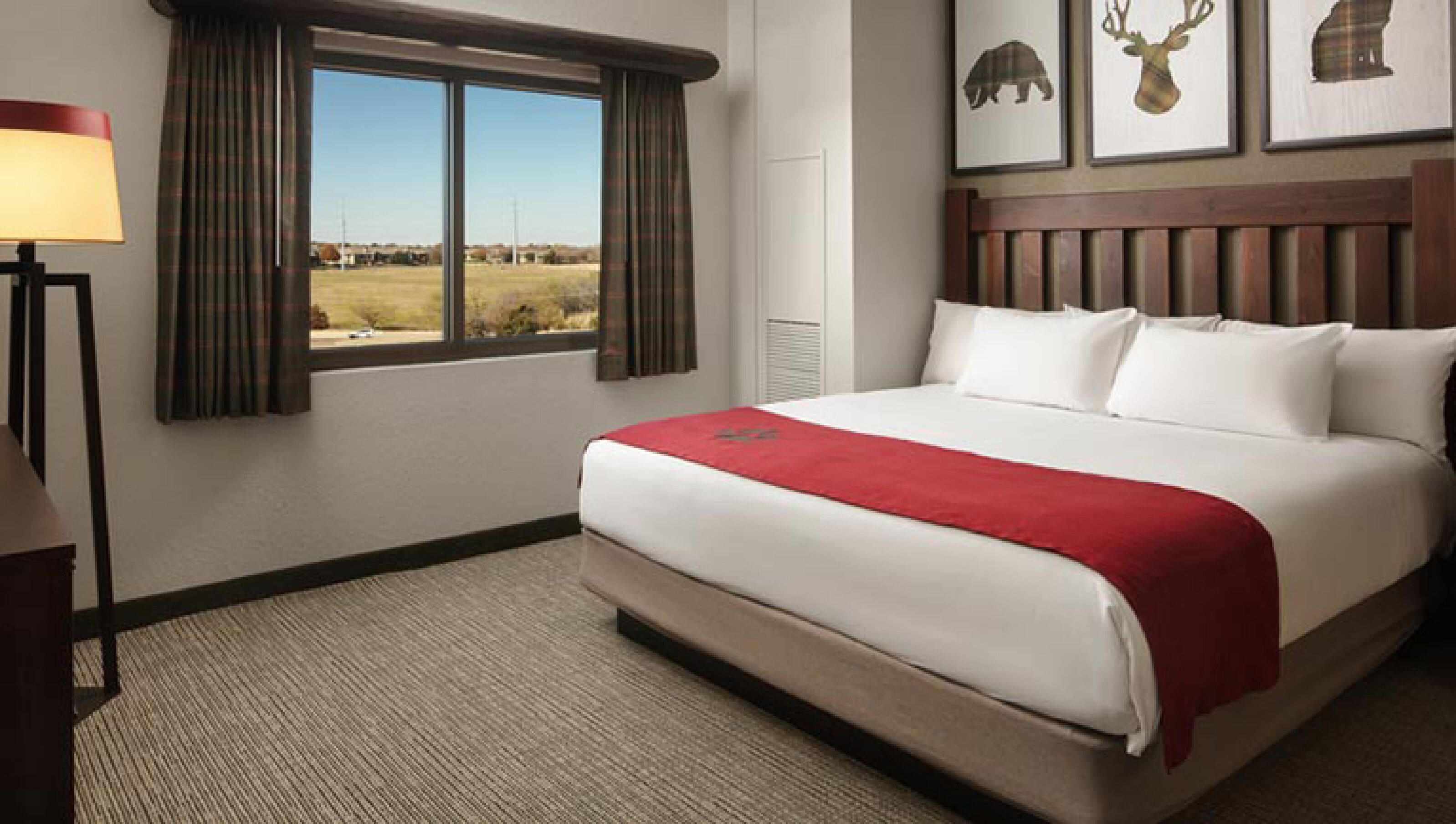 A hotel room with a large bed, a window with curtains, a lamp, and three framed animal pictures on the wall.