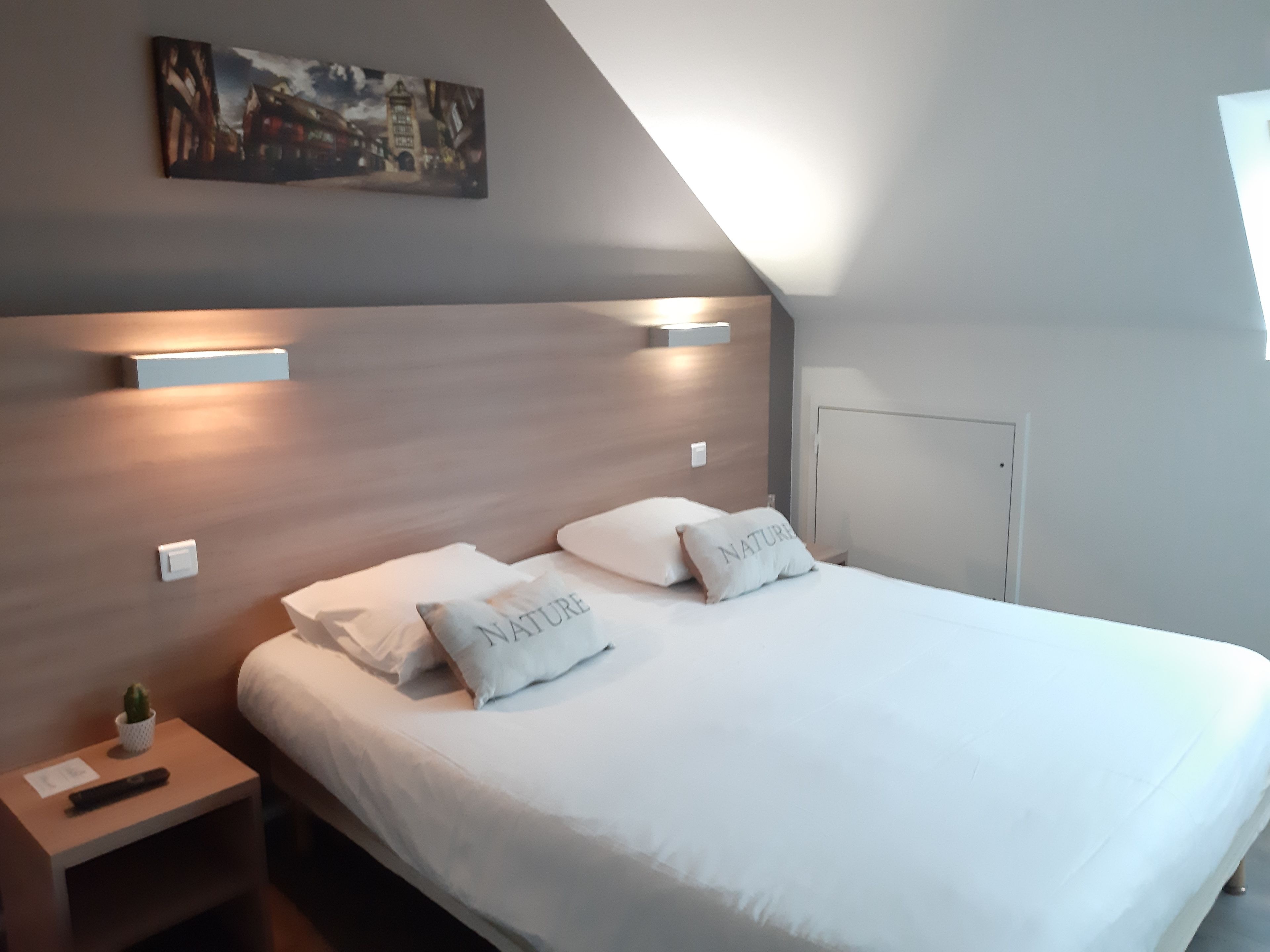 Una cama bien hecha con almohadas, una mesita de noche con un control remoto y una planta, y un cuadro en la pared.