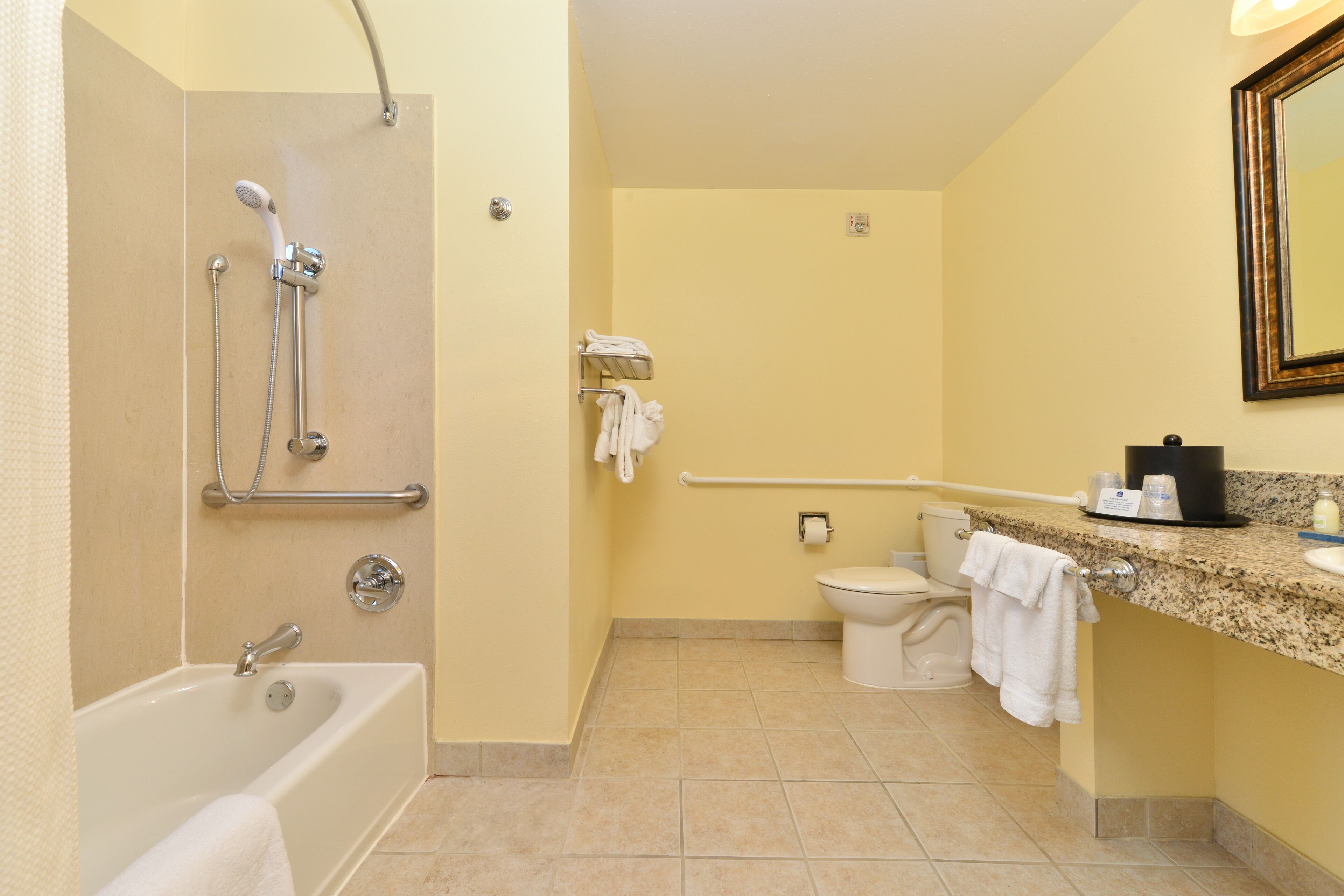 combined shower/bathtub, free toiletries, hair dryer, towels