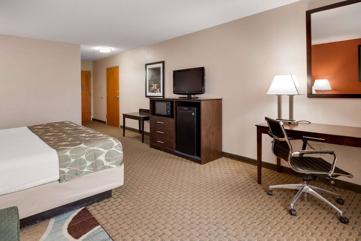 A hotel room with a bed, a desk with a computer, a television, and a chair.