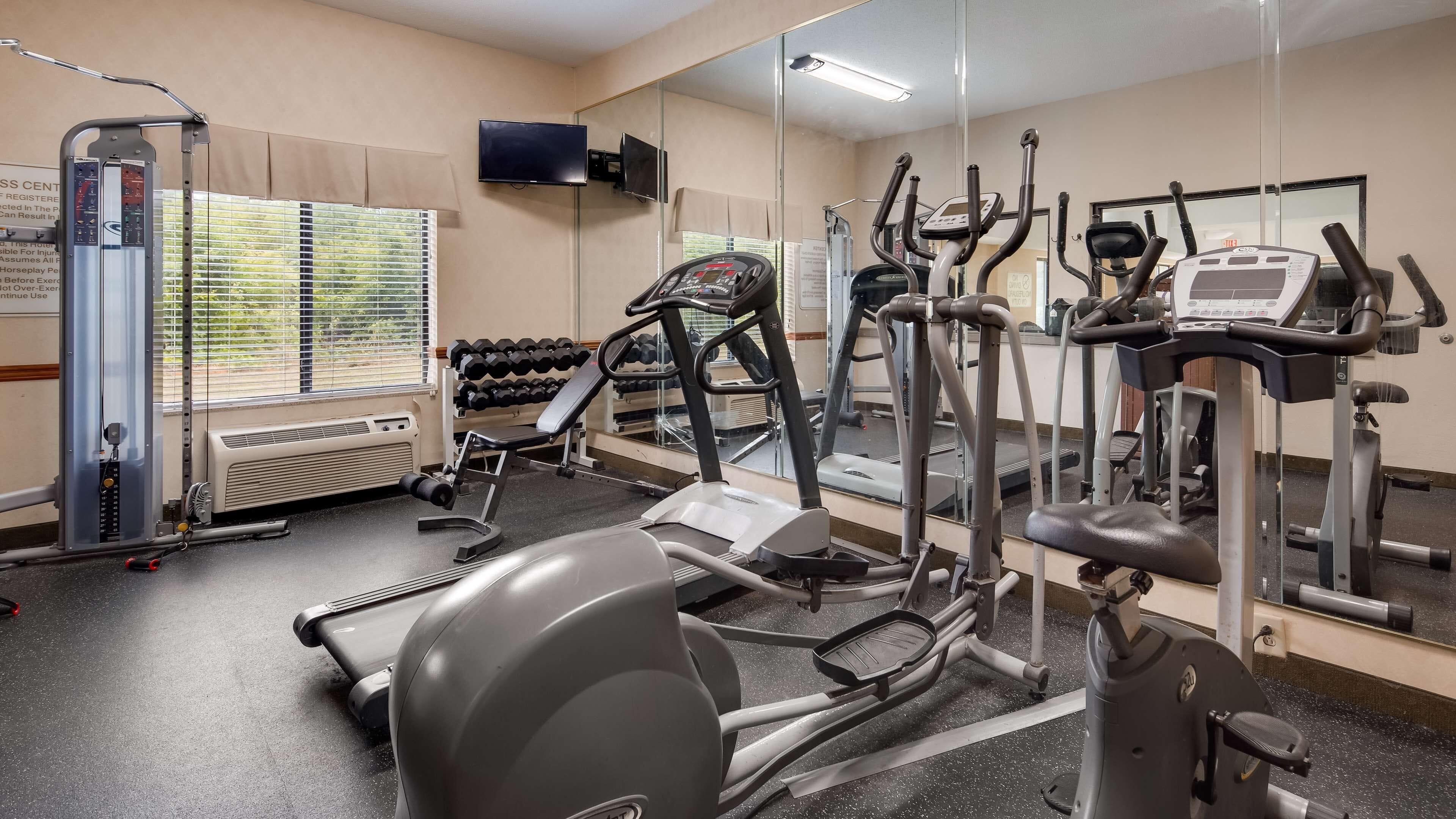 A gym with treadmills, elliptical machines, and weight equipment.