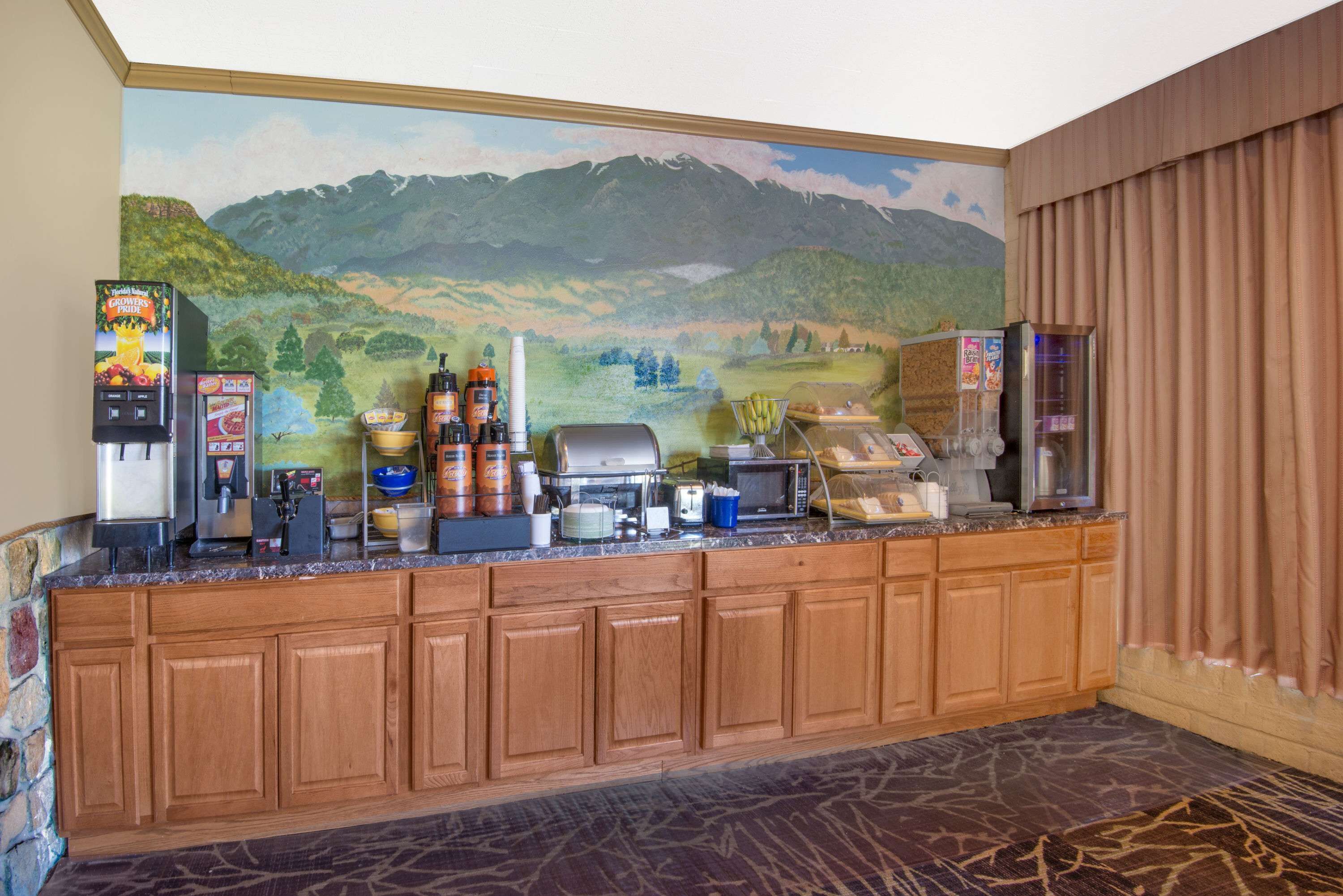 A kitchen area with a coffee machine, toaster, microwave, and a large painting of a mountain landscape.