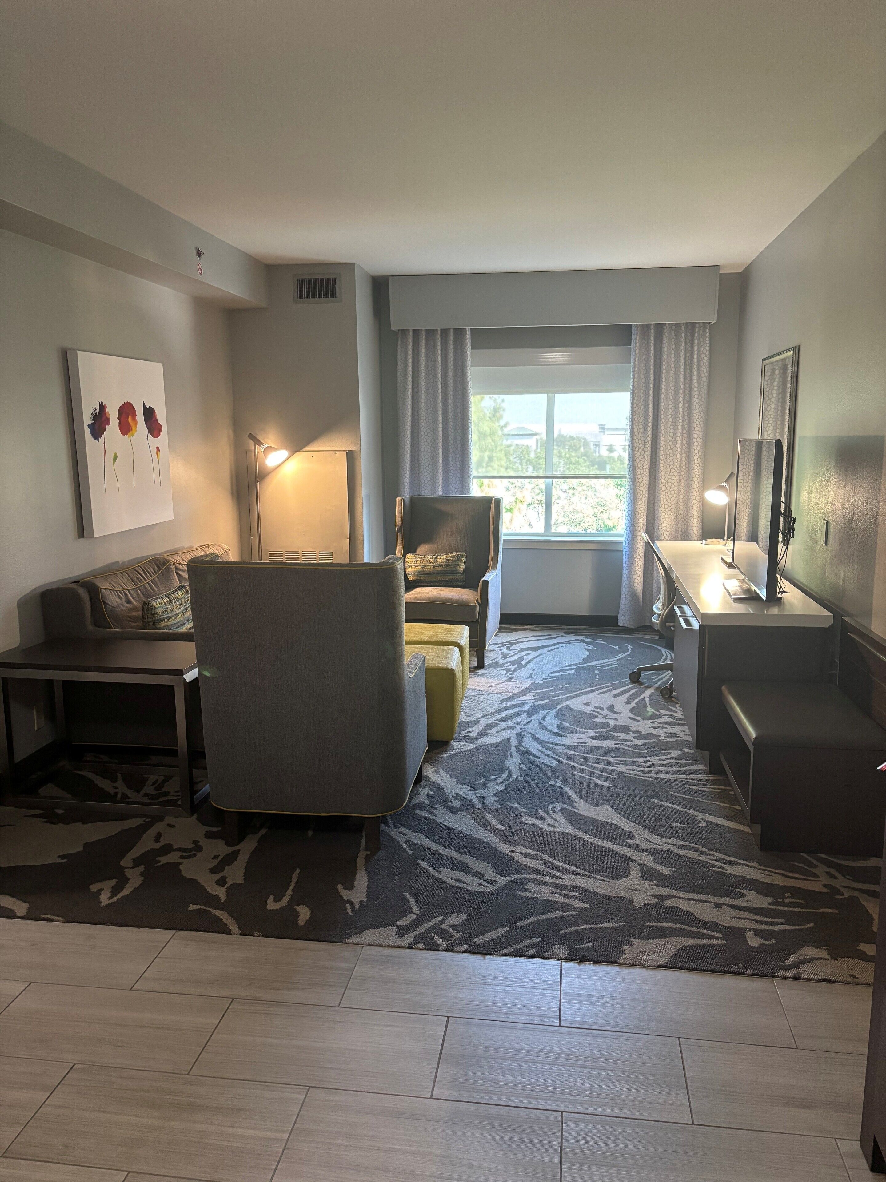 1 bedroom, desk, laptop workspace, blackout curtains