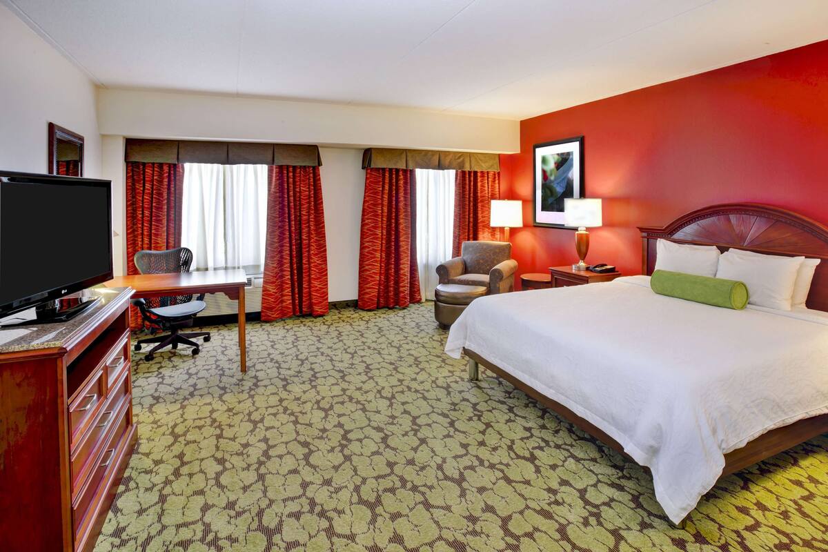 A hotel room with a bed, desk, chair, television, and a patterned carpet.